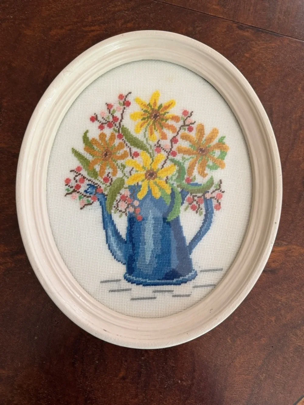 Vintage Floral Cross Stitch in Blue Pitcher - Yellow Flowers